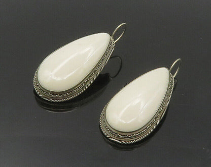 925 Sterling Silver  Vintage Cabochon Cut White Onyx Drop Earrings  EG8884