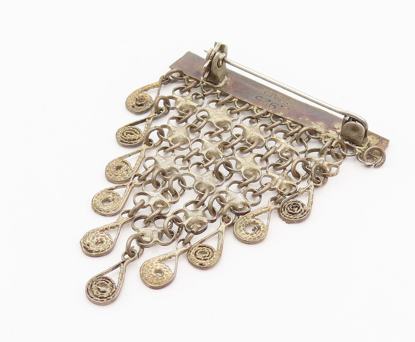 ISRAEL 925 Silver  Vintage Chained Disc & Spirals Dangle Brooch Pin  BP10135