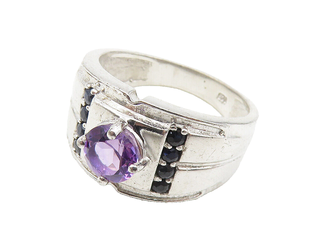 925 Sterling Silver  Amethyst & Sapphire Shiny Round Band Ring Sz 7  RG10355