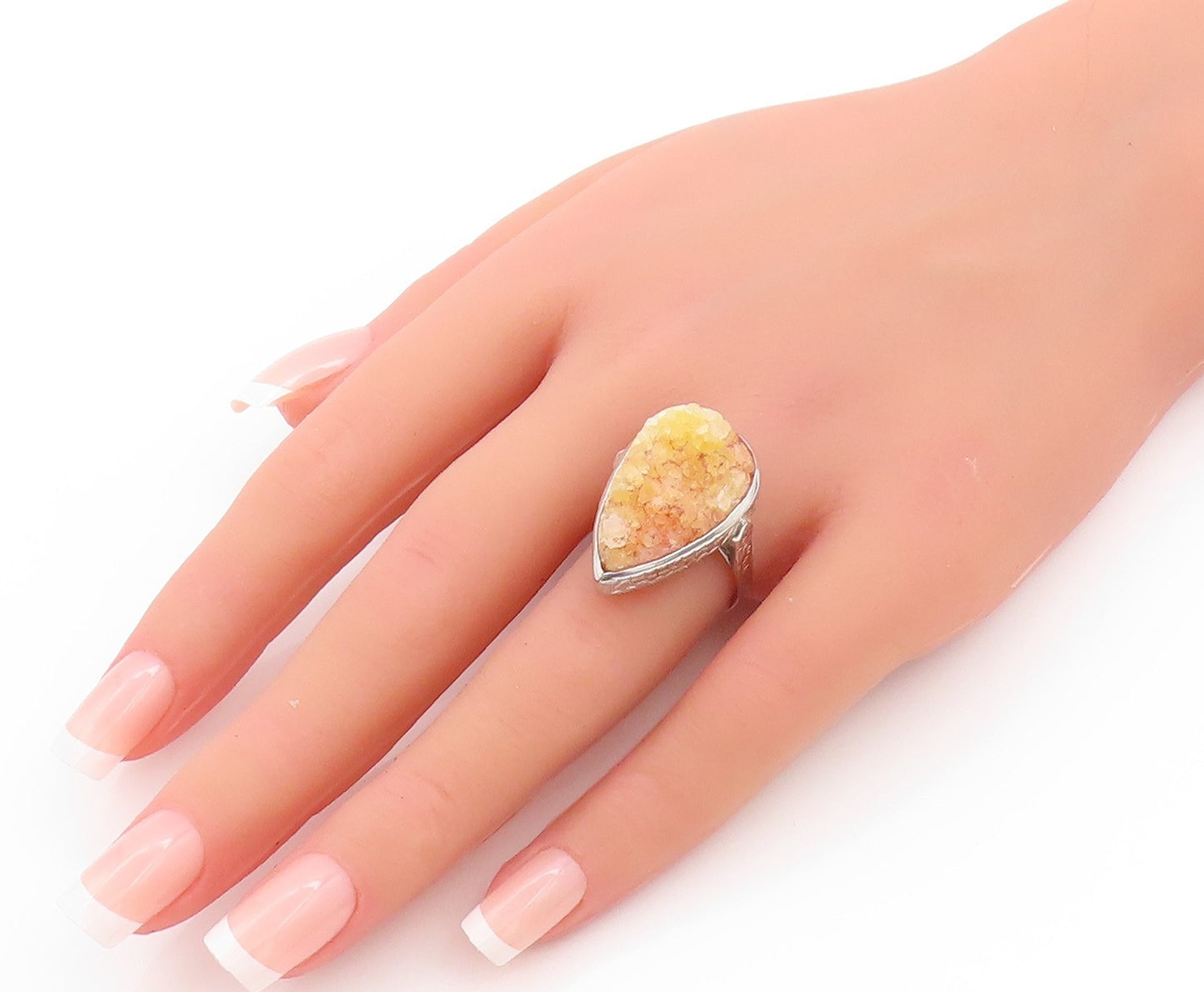 925 Sterling Silver Vintage Ring Drop Shape Yellow Drusy Quartz  Sz 7  RG32796
