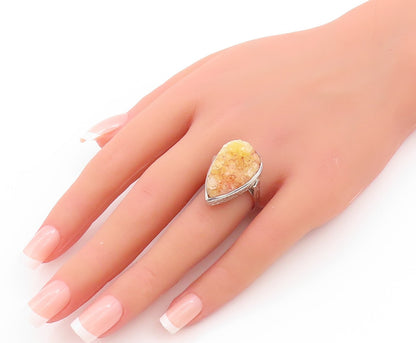 925 Sterling Silver Vintage Ring Drop Shape Yellow Drusy Quartz  Sz 7  RG32796