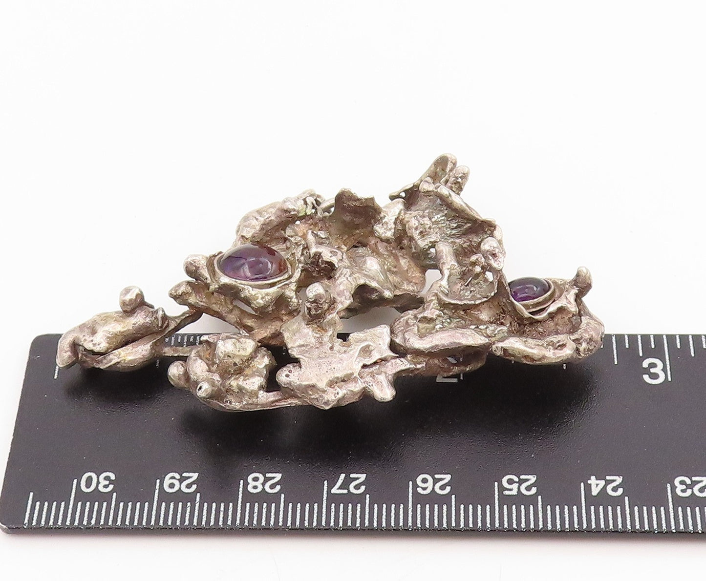 925 Sterling Silver Vintage Pendant Cabochon Amethyst Brutalist Locket  PT25535