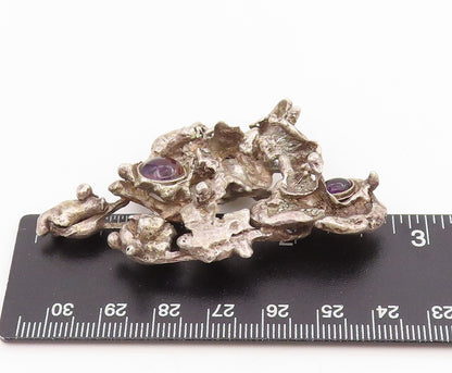 925 Sterling Silver Vintage Pendant Cabochon Amethyst Brutalist Locket  PT25535