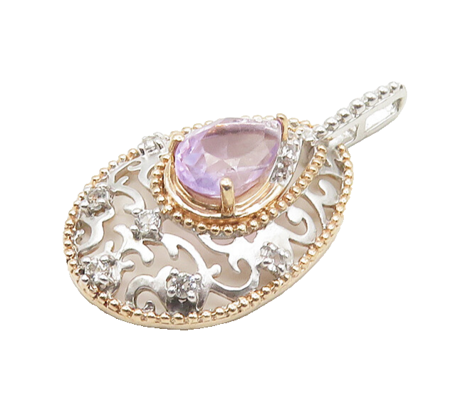 925 Sterling Silver  Amethyst & Topaz Two Tone Swirl Tear Drop Pendant PT14448