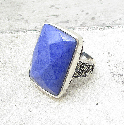 925 Sterling Silver  Lapis Lazuli & Marcasite Cocktail Ring Sz 6.5  RG1540