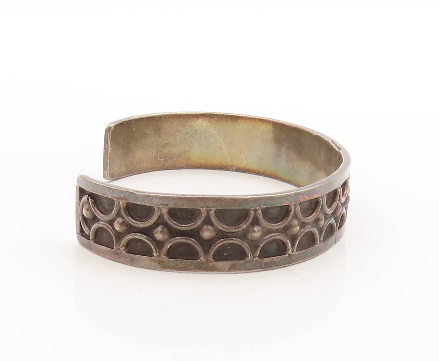 925 Sterling Silver Vintage Bracelet MEXICO Semi Circles Carved Cuff  BT10956