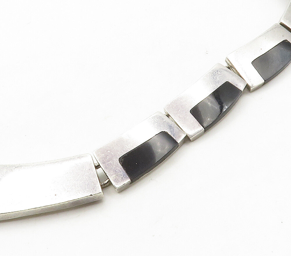MEXICO 925 Sterling Silver Vintage Inlaid Stone Linked Collar Necklace  NE2603