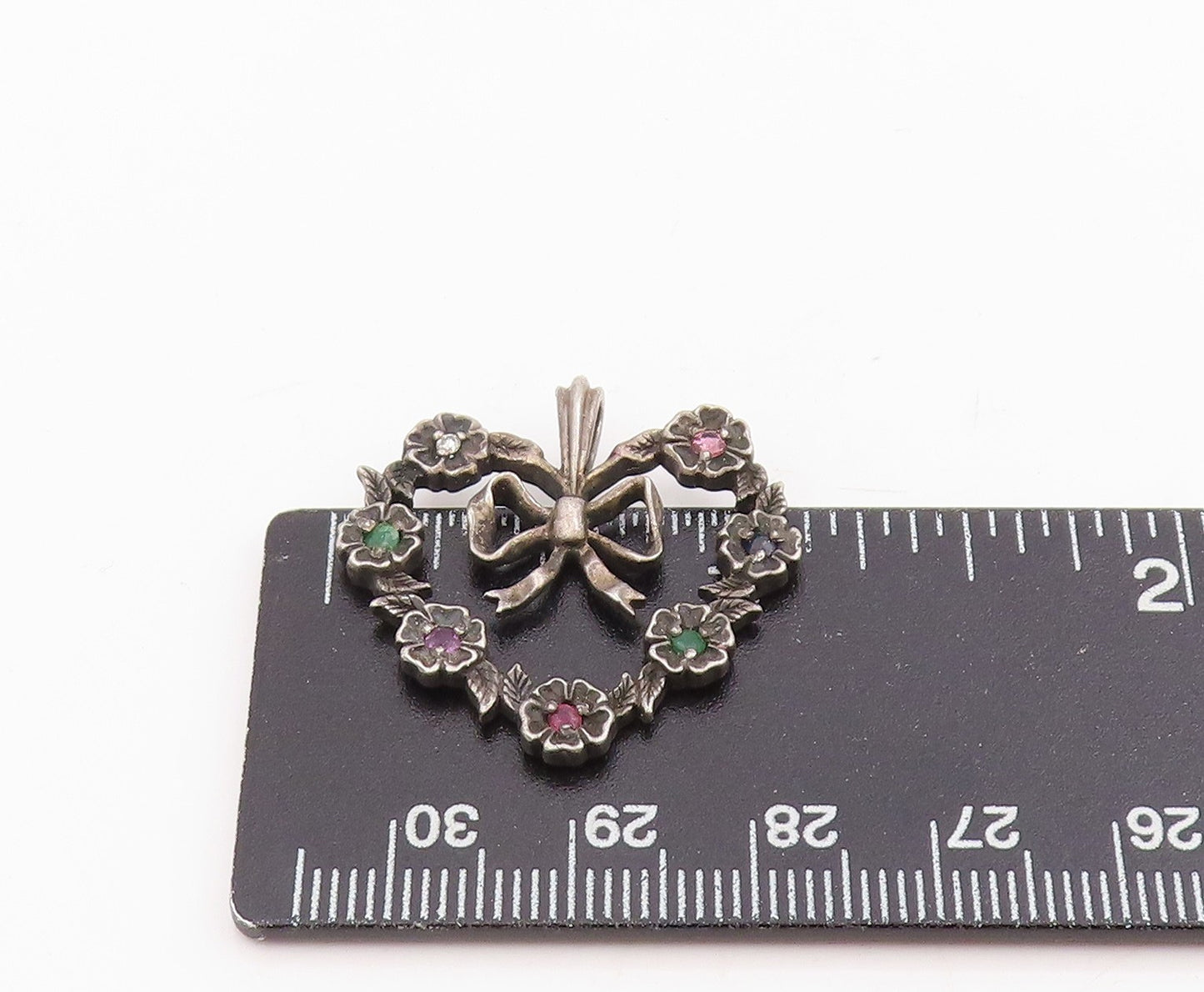925 Sterling Silver Vintage Pendant Real Gemstones Love Heart & Bow  PT25783