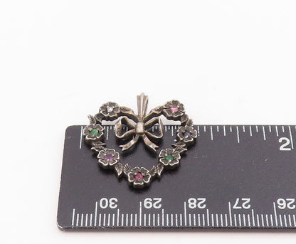 925 Sterling Silver Vintage Pendant Real Gemstones Love Heart & Bow  PT25783