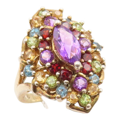 925 Sterling Silver Vintage Ring Gold Plated Multi Gemstone Cluster Sz 7 RG35915