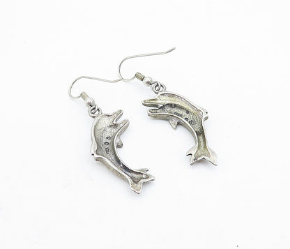 925 Sterling Silver  Vintage Dark Tone Leaping Dolphin Dangle Earrings  EG2826