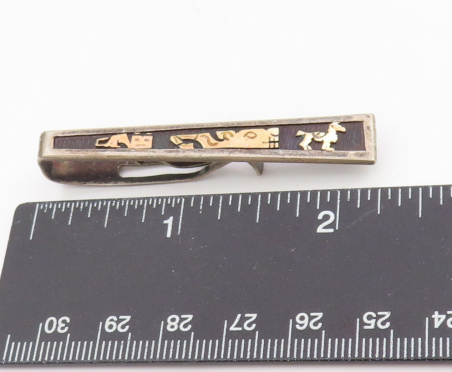 18k Gold & 925 Sterling Silver Vintage Tie Clip Aztec Inca Tribal Art Bar TR4112