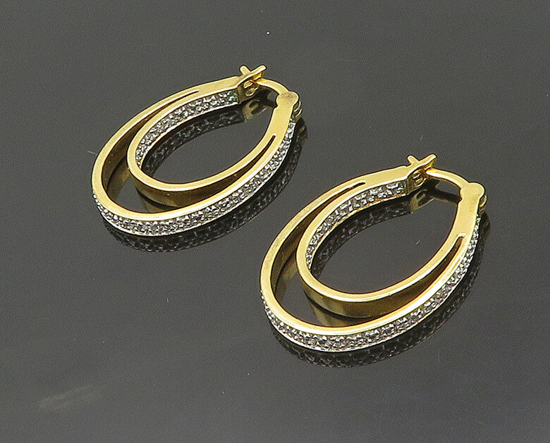 925 Sterling Silver  Genuine Diamonds Gold Plated Oval Hoop Earrings  EG9397