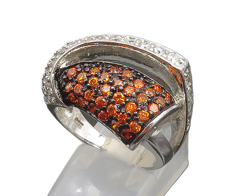 925 Silver  Vintage Bold White & Orange Cubic Zirconia Ring Sz 8  RG25303