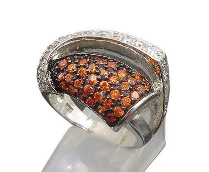 925 Silver  Vintage Bold White & Orange Cubic Zirconia Ring Sz 8  RG25303