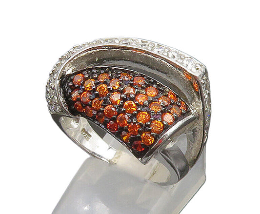 925 Silver  Vintage Bold White & Orange Cubic Zirconia Ring Sz 8  RG25303