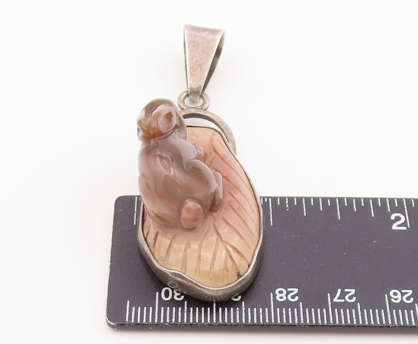 925 Sterling Silver Vintage Pendant OBSIDIAN Jasper Carved Rabbit  PT26371