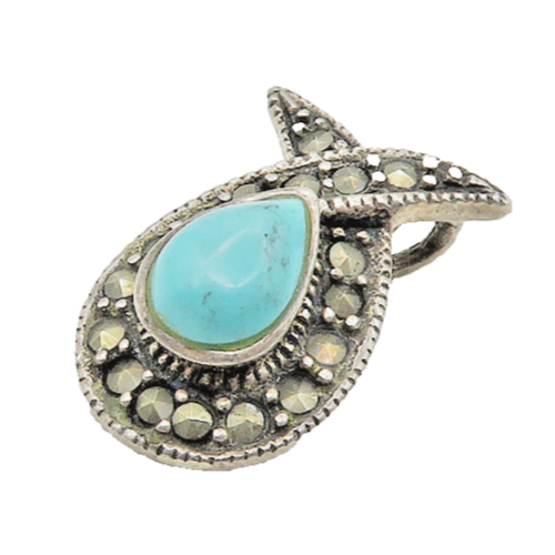 925 Vintage Silver  Vintage Turquoise & Marcasite Ribbon Pendant  PT14442