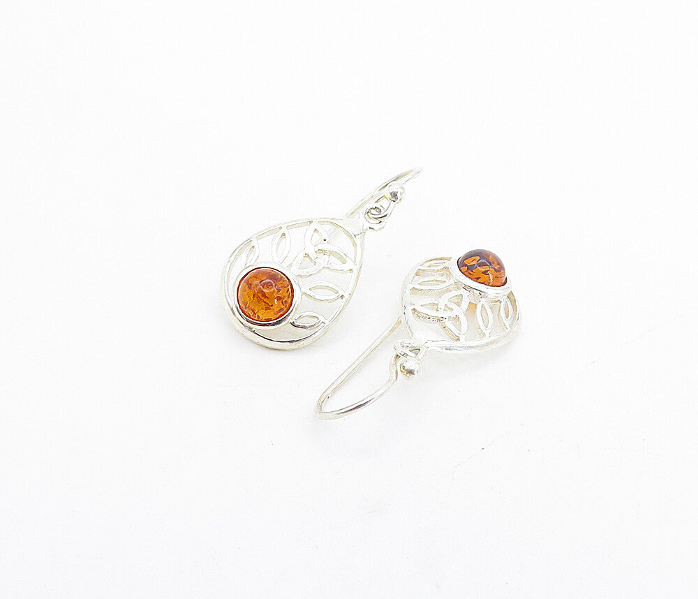 925 Sterling Silver  Cabochon Cut Amber Celtic Knot Dangle Earrings  EG3668