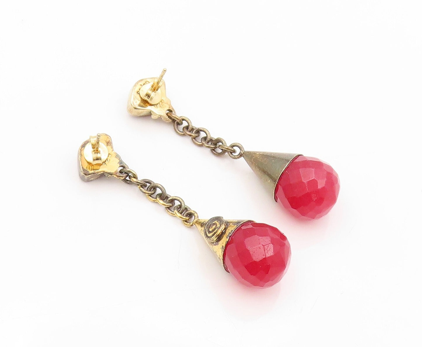 925 Sterling Silver Vintage Earrings Gold Plated Dangling Ruby & Garnet  EG13404