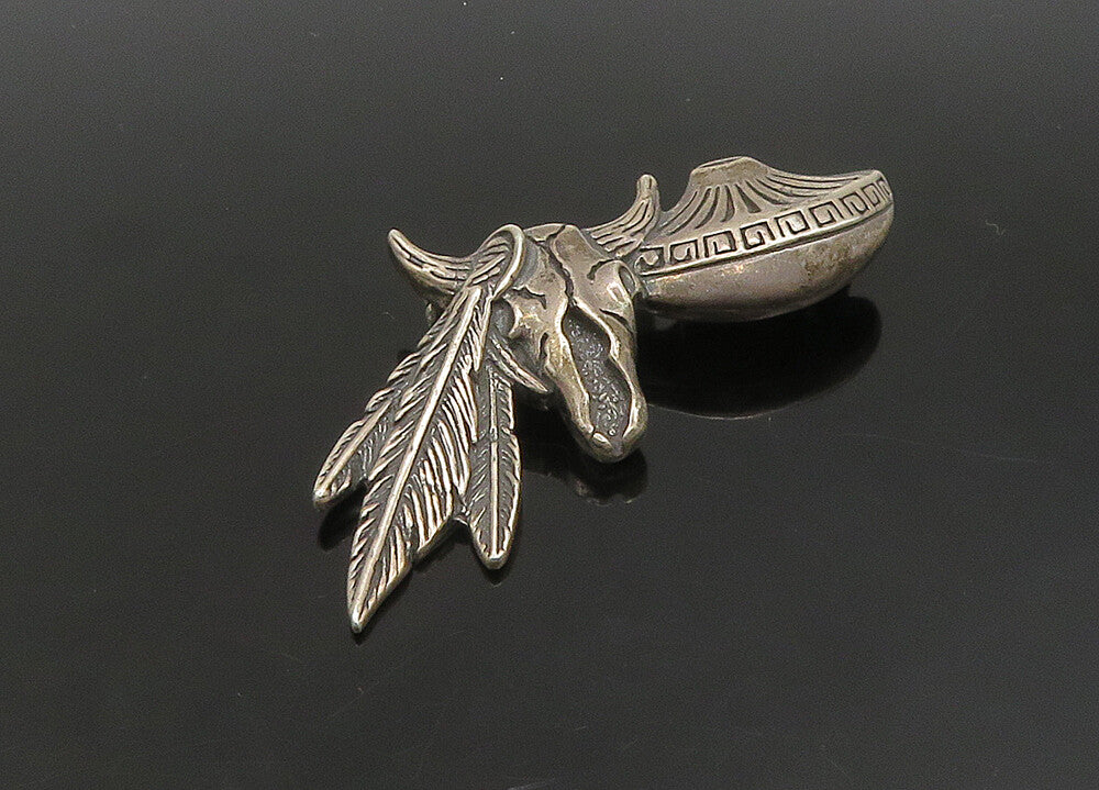 925 Sterling Silver  Vintage Dark Tone Bull Skull & Feathers Brooch Pin BP9084