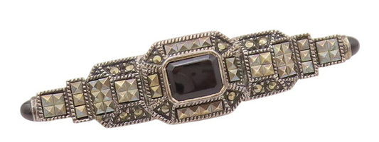925 Sterling Silver Vintage Brooch Pin JUDITH JACK Onyx & Marcasite  BP11555