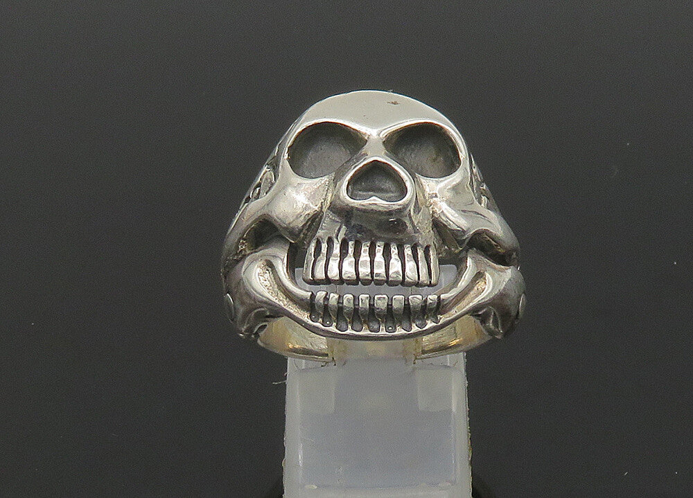 925 Sterling Silver  Vintage Shiny Skeleton Head Biker Ring Sz 9  RG22781