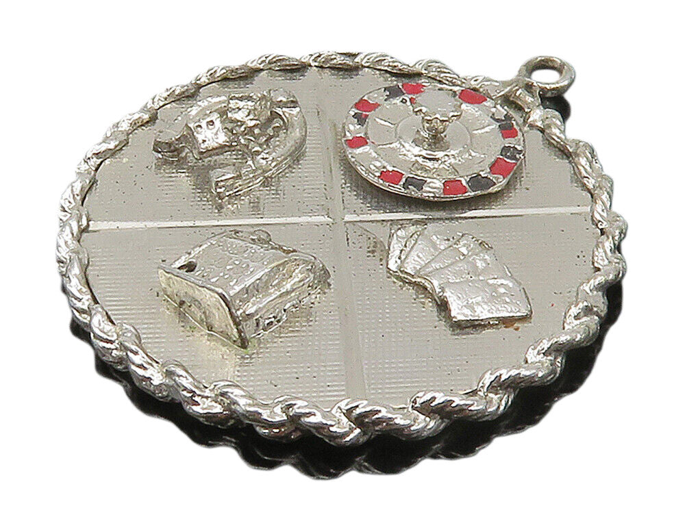 925 Sterling Silver  Vintage Shiny Gambling Motif Twist Trim Pendant  PT12016