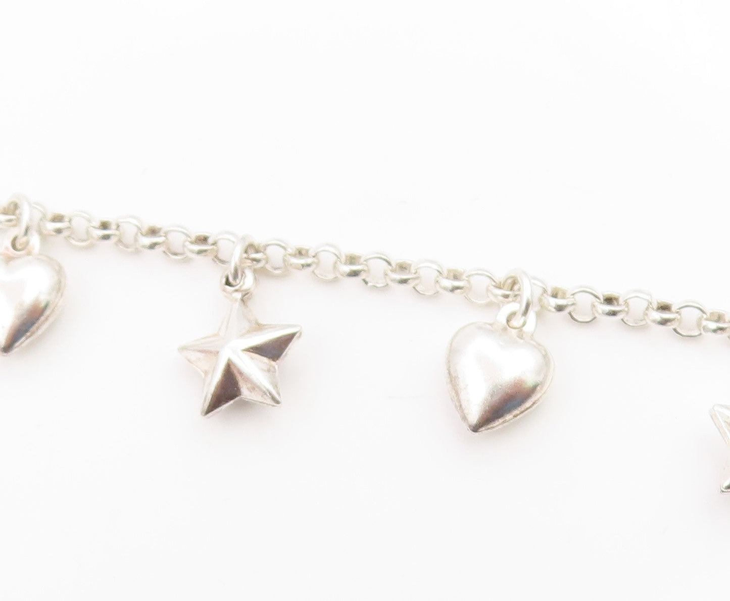 925 Sterling Silver Vintage Bracelet Modernist Love Heart & Star Dangle  BT12047