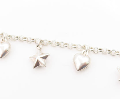 925 Sterling Silver Vintage Bracelet Modernist Love Heart & Star Dangle  BT12047