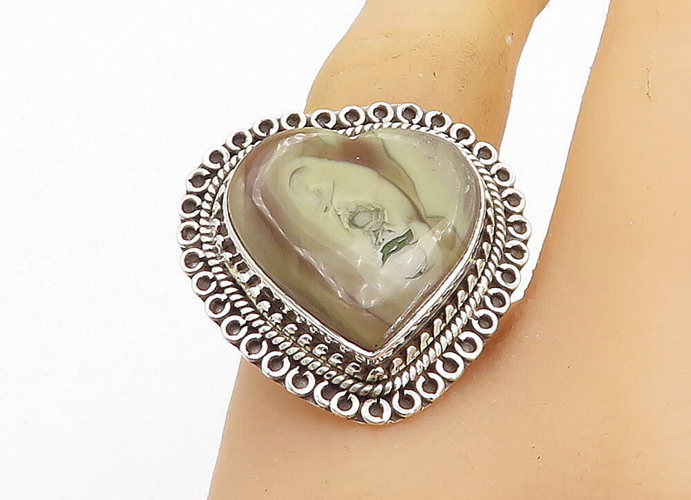 925 Sterling Silver  Love Heart Shaped Jasper Cocktail Ring Sz 10  RG8425