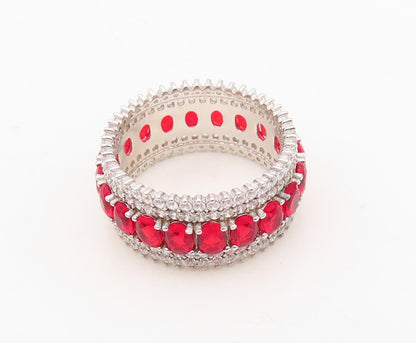 925 Sterling Silver Vintage Ring Oval Cut Red & White CZ 360 Band  Sz 7  RG30499