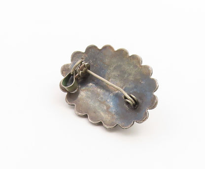 925 Sterling Silver Vintage Brooch Pin Multi gemstone Scalloped Border  BP12644