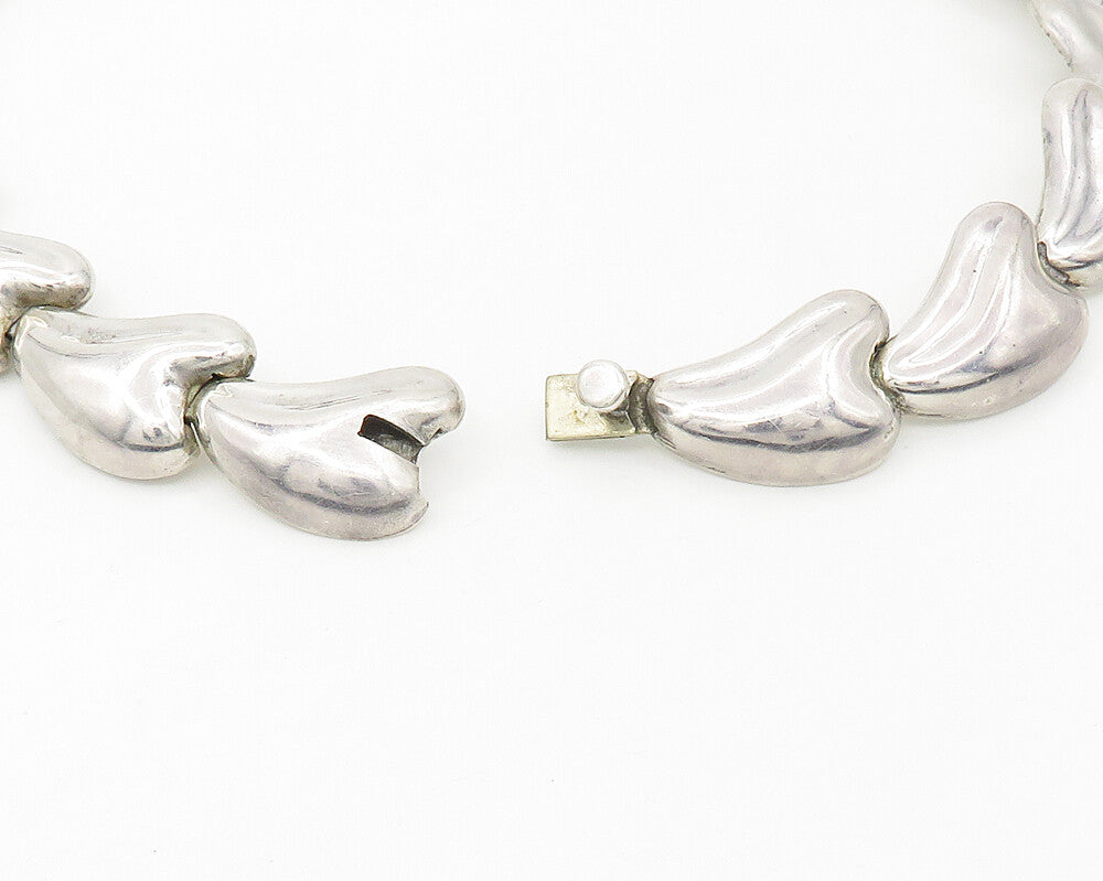 MEXICO 925 Silver  Vintage Shiny Heart Shaped Link Collar Necklace  NE2745