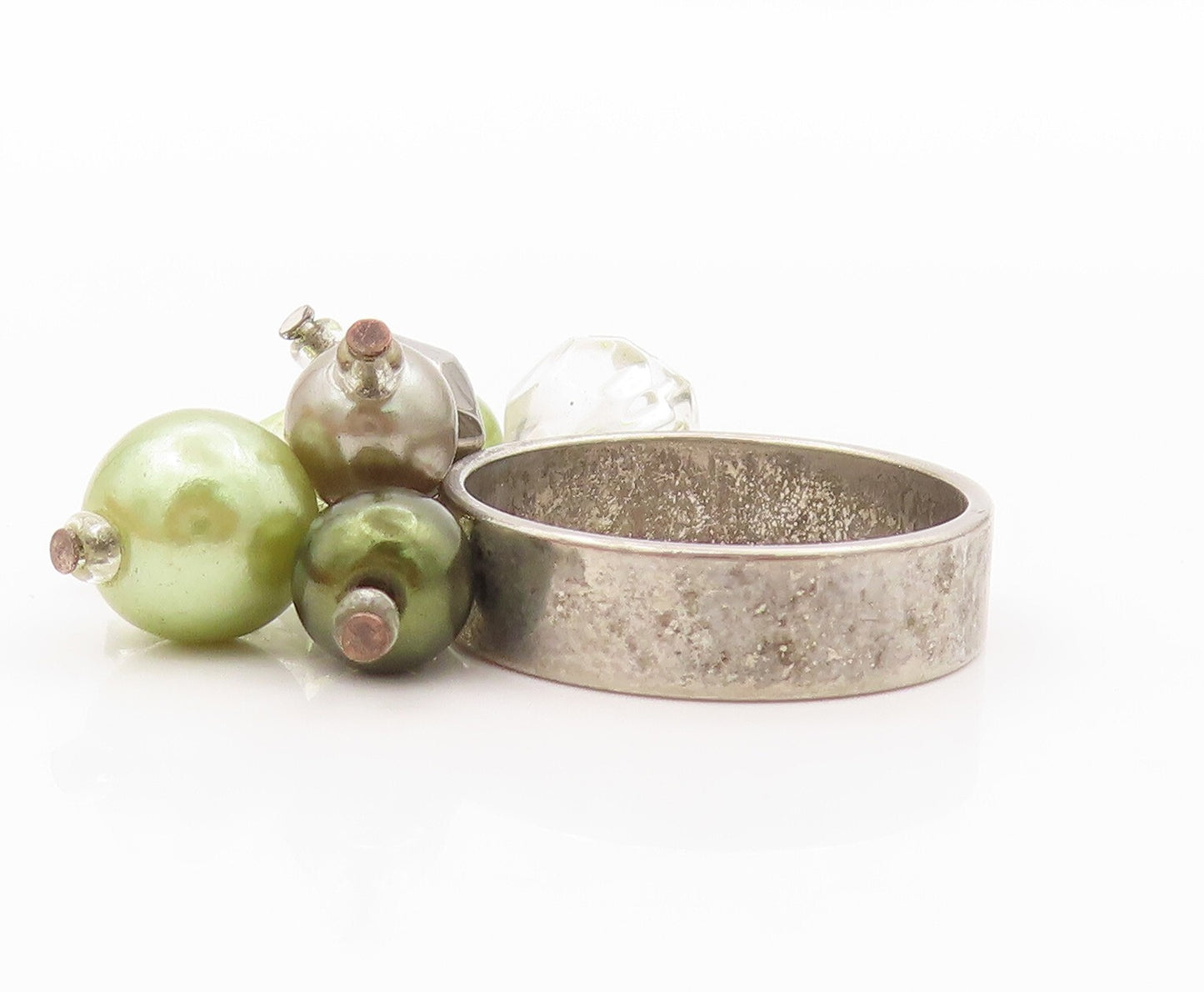 925 Sterling Silver Vintage Ring Pearls Peridot Topaz Cluster  Sz 7  RG31831