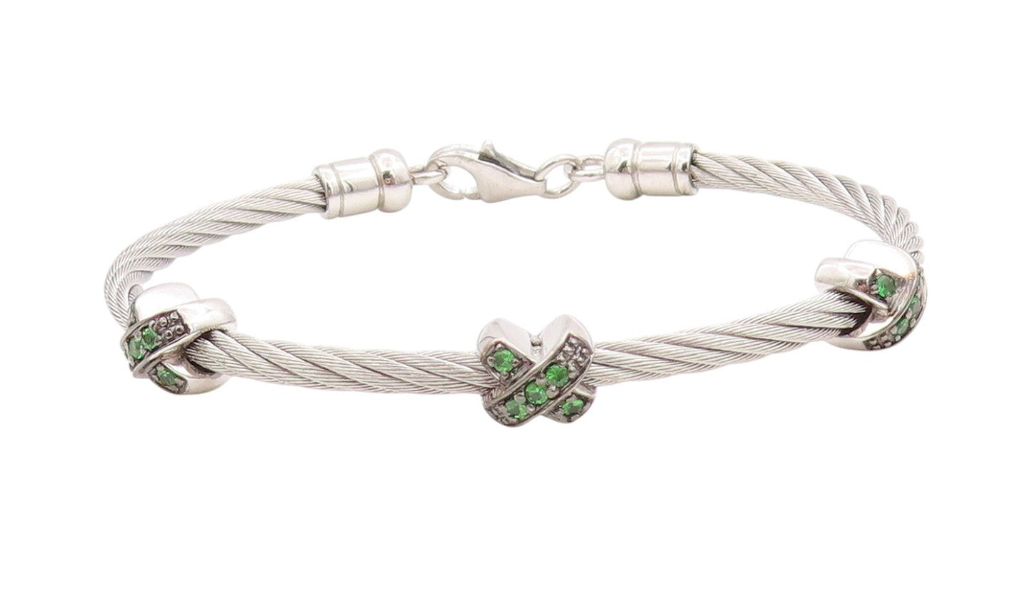 925 Sterling Silver Vintage Bracelet Roped Green CZ Inlay X Bangle  BT11300