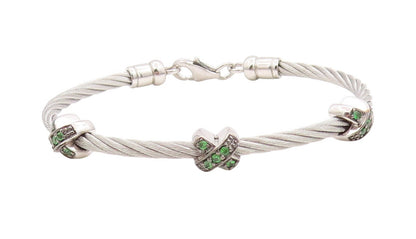 925 Sterling Silver Vintage Bracelet Roped Green CZ Inlay X Bangle  BT11300