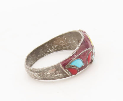 CHINESE 925 Silver  Vintage Antique Painted Flower Solid Ring Sz 6.5  RG27274