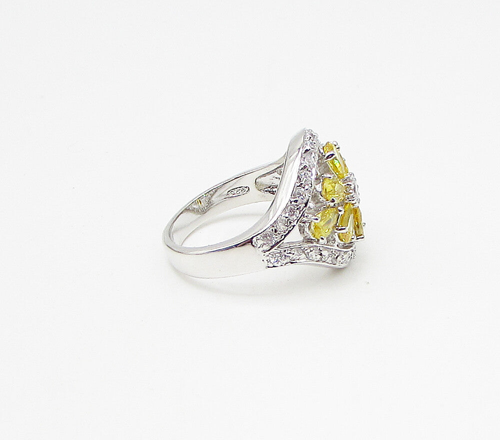 925 Silver  Yellow Topaz & White Cubic Zirconia Floral  Band Ring Sz 7  RG3420