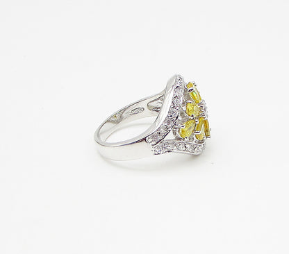925 Silver  Yellow Topaz & White Cubic Zirconia Floral  Band Ring Sz 7  RG3420