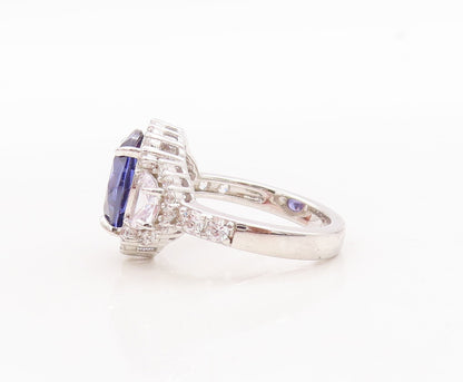 925 Sterling Silver Vintage Ring Oval Cut Sapphire Halo CZ Inlay  Sz 7  RG29737
