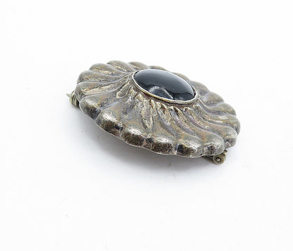 925 Sterling Silver  Vintage Black Onyx Dark Tone Floral Brooch Pin  BP1772