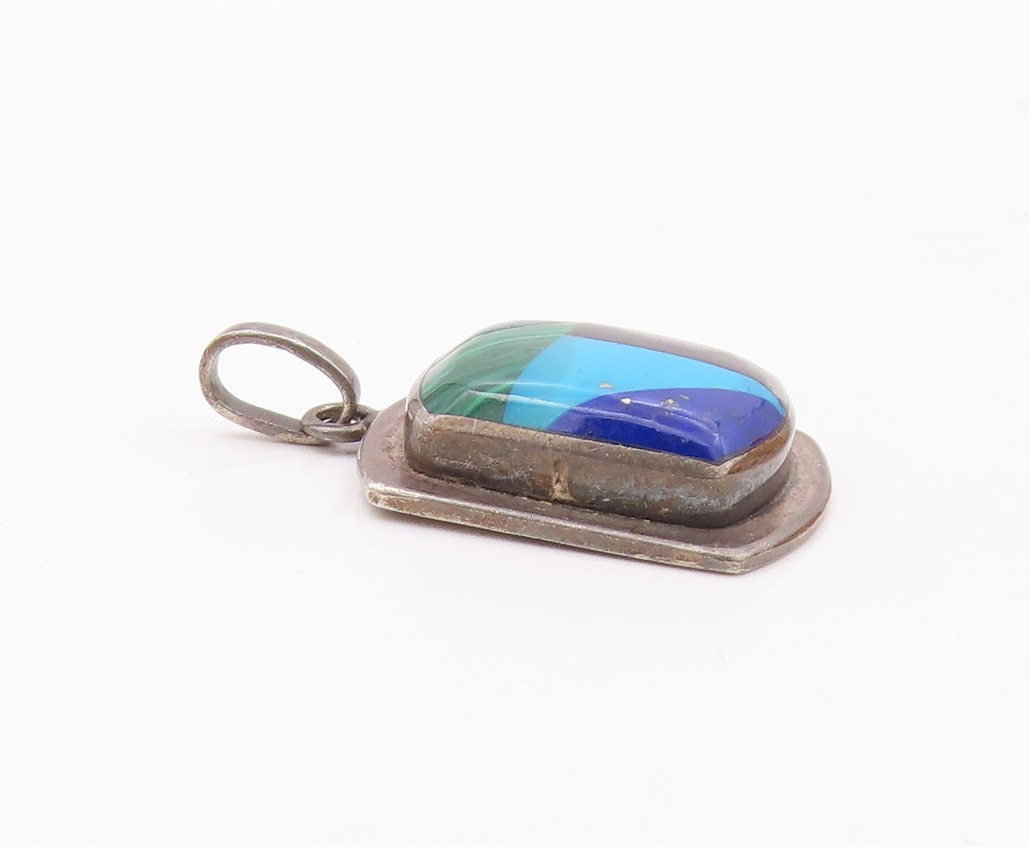 MEXICO 925 Silver  Vintage Inlaid Malachite Onyx & Multi Stone Pendant PT21188