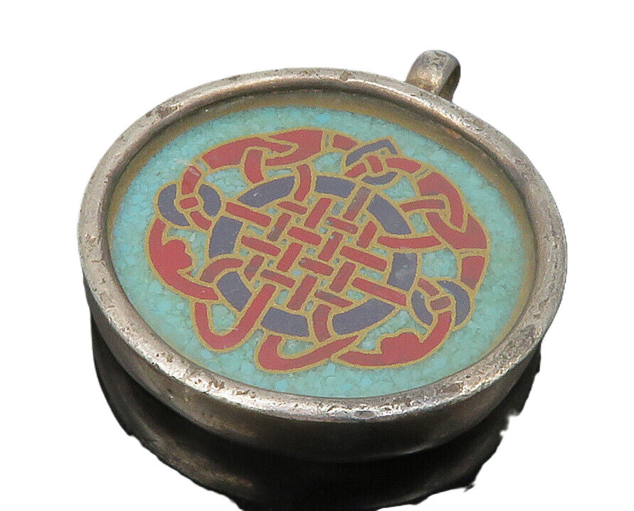925 Sterling Silver  Vintage Turquoise Knot Design Round Drop Pendant  PT10528