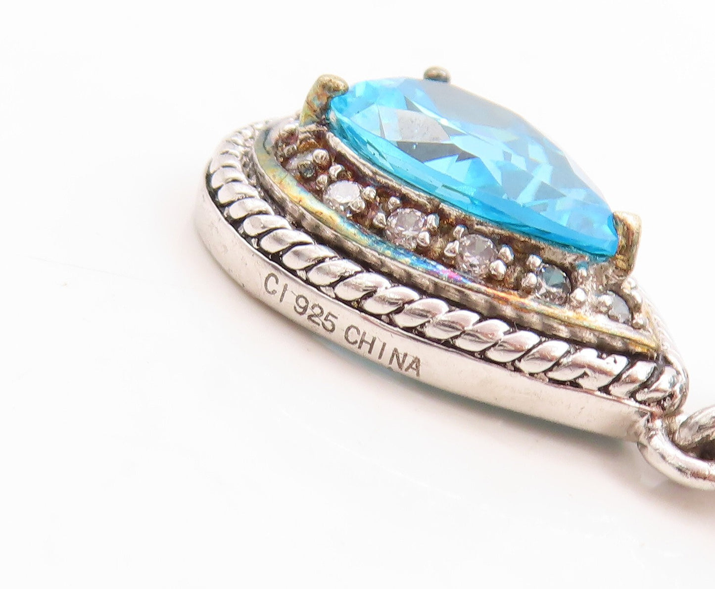 925 Sterling Silver Vintage Pendant Drop & Round Cut Blue & White Topaz  PT23767