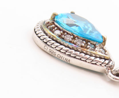 925 Sterling Silver Vintage Pendant Drop & Round Cut Blue & White Topaz  PT23767
