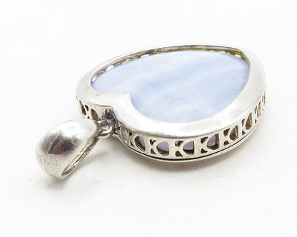 925 Sterling Silver  Blue Agate Open Love Heart Shiny Drop Pendant  PT9980