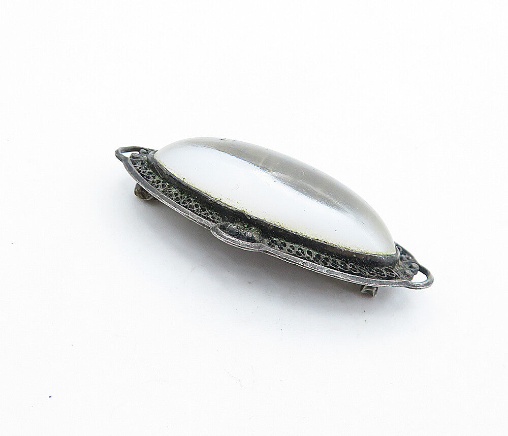925 Sterling Silver  Vintage Cabochon Cut Milky Quartz Brooch Pin  BP2606