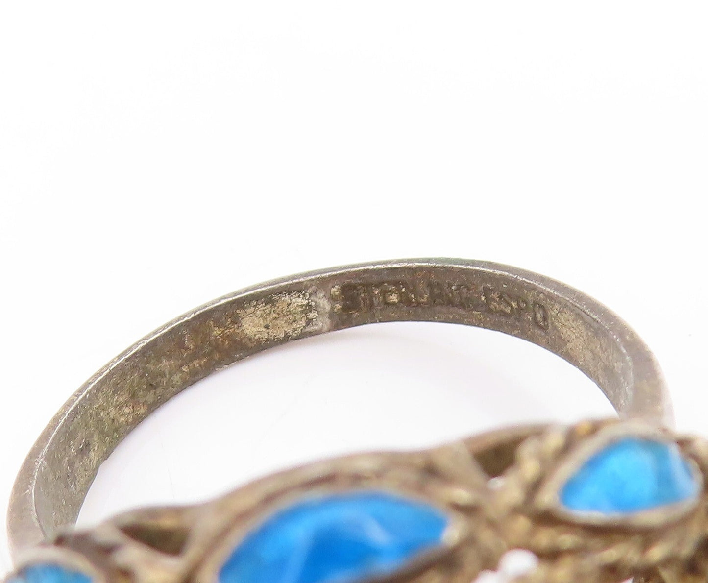 925 Sterling Silver Vintage Ring ESPO Domed Enameled Cutout Leaves Sz 8  RG31757
