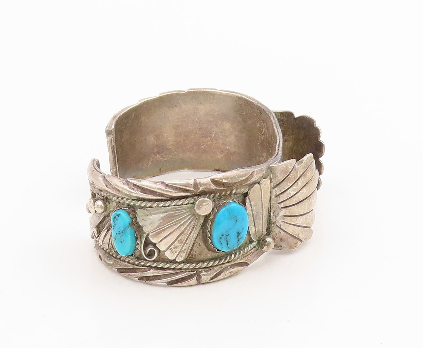 925 Sterling Silver Vintage Bracelet NAVAJO ZUNI Turquoise Watch Cuff  BT11592